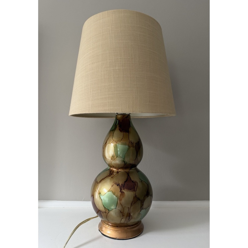 Decorative Gourd Table Lamp Green Gold Brown Glaze Ceramic Style w Shade - Picture 1 of 9